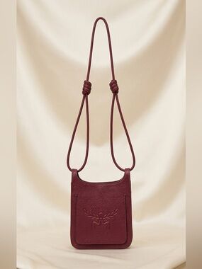 MCM Leather Mini Debossed Logo Himmel Hobo Bag Red Burgundy NWT full inclusion